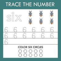 A game of tracing the outlines of the number six with funny robots . Preschool worksheet, kids activity sheet, printable worksheet vector