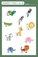 The task is to go through a maze of numbers from 1 to 10 with animals .  Educational exercises for preschool children vector