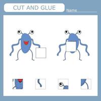 worksheet vector design, the task is to cut and glue a piece on monsters.  Logic game for children.