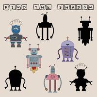 Find a pair or shadow  game with robots.  Worksheet for preschool kids, kids activity sheet, printable worksheet vector