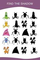Find correct shadow with colorful monsters.  Kids educational game. vector