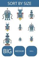 Match the robots by size large, medium and small. Children's educational game. vector