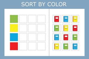 Connect the name of the color and the character of the stationery for school. Logic game for children. vector