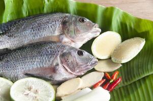 a la vista de pescado fresco de tilapia con hierba de limón, limón y chile en hoja de plátano. foto