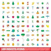 100 insectos, conjunto de iconos de estilo de dibujos animados