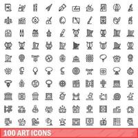 100 art icons set, outline style vector