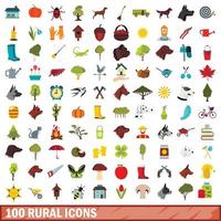 100 rural icons set, flat style vector