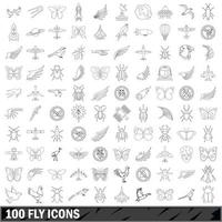 100 fly icons set, outline style vector