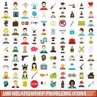 100 relationship problems icons set, flat style vector