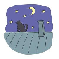 Cartoon illustration of a cat sitting on a roof at night. vector