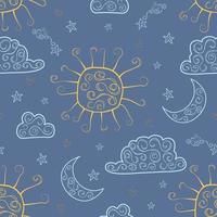 Seamless pattern with the sun, moon, comet, stars and clouds drawn by hand. vector