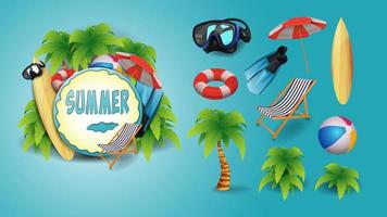 Set of beach elements. Summer vector banner.