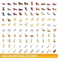100 hunting icons set, cartoon style vector