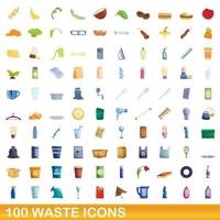 100 waste icons set, cartoon style