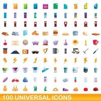 100 universal icons set, cartoon style vector