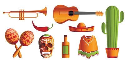 Mexican music icon set, cartoon style vector