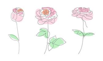 Set of roses drawn in one line with color spots. Trending design elements. Suitable for postcards, leaflets, brochures. vector