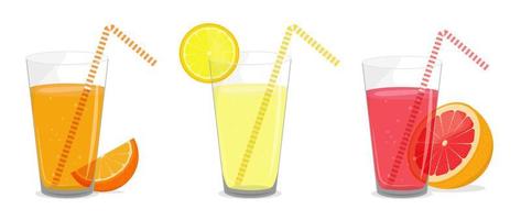 jugos de frutas cítricas en un vaso con pajita. zumo de naranja, pomelo y limonada. vector