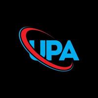 logotipo de upa. upa carta. diseño de logotipo de letra upa. logotipo de las iniciales upa vinculado con el círculo y el logotipo del monograma en mayúsculas. tipografía upa para tecnología, negocios y marca inmobiliaria. vector