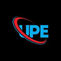 logotipo de upe. letra upe. diseño de logotipo de letra upe. logotipo de upe de iniciales vinculado con círculo y logotipo de monograma en mayúsculas. upe tipografía para tecnología, negocios y marca inmobiliaria. vector