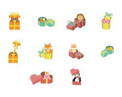 cute animal inside giftbox illustration clipart for decoration for kids, worksheet or decoration vector