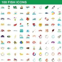 100 fish icons set, cartoon style vector