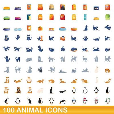 100 animal icons set, cartoon style