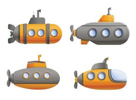 Submarine icon set, cartoon style vector