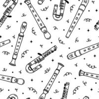 Flute seamless vector pattern. Hand drawn wooden, metal, plastic musical instruments. Block flute, pipe, whistle. Device for classical, folk, popular music. Background with confetti, equipment