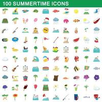 100 summertime icons set, cartoon style vector
