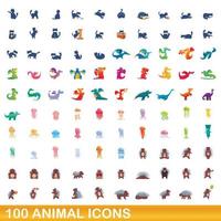 100 animales, conjunto de iconos de estilo de dibujos animados vector