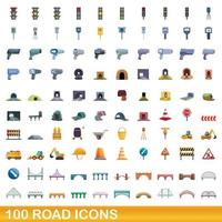 100 road icons set, cartoon style vector