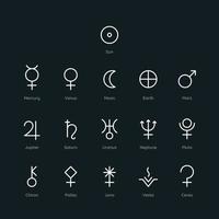 iconos de símbolo de planeta en un estilo de línea de moda mínimo. vector signo astrológico sol, luna, tierra, mercurio, venus, marte, júpiter, saturno, urano, neptuno, plutón para logo tatuaje calendario horóscopo