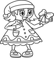 Christmas Girl Holding A Gift Isolated Coloring vector