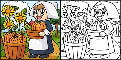 Thanksgiving Pilgrim Girl Colored Illustration vector