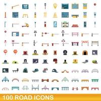 100 road icons set, cartoon style vector