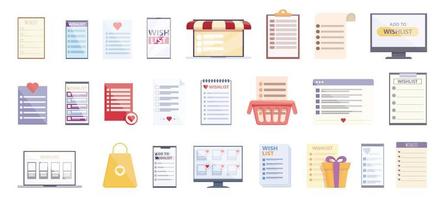 Wishlist icons set cartoon vector. Document page vector