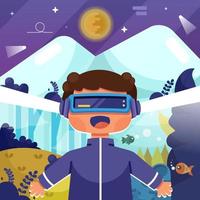 Cute Boy Experiencing Virtual Universe with Virtual Reality Concept vector