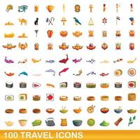 100 travel icons set, cartoon style vector