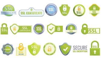 Conjunto de iconos de certificado SSL, estilo de dibujos animados vector