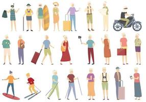 Retirement travel icons set cartoon vector. Health insurance safety vector