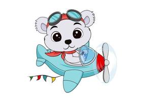 Lindo oso de dibujos animados volando en un avión aislado sobre fondo blanco. vector