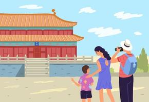Forbidden Palace in China. Tourist family in China. Vector illustration