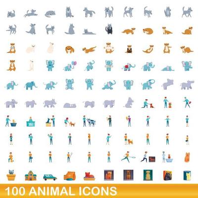 100 animal icons set, cartoon style