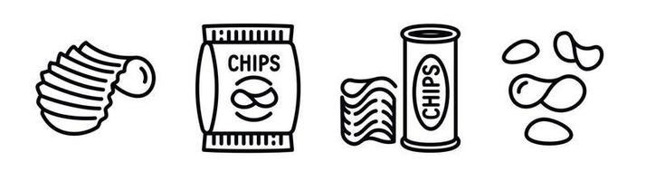 Chips potato icons set, outline style vector