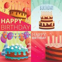 Cake happy birthday banner set, cartoon style vector