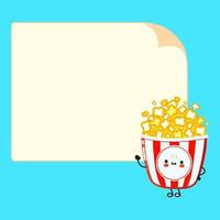 Cute funny popcorn poster character. Vector hand drawn cartoon kawaii character illustration. Isolated blue background. Popcorn poster