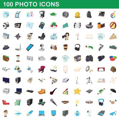 100 photo icons set, cartoon style
