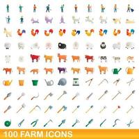 100 farm icons set, cartoon style