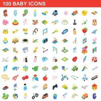 100 baby icons set, isometric 3d style vector